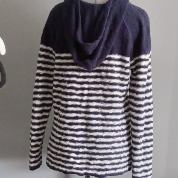 Eddie Bauer pullover hooded kangaroo pocket cotton sweater navy white stripe szL - Picture 3 of 4
